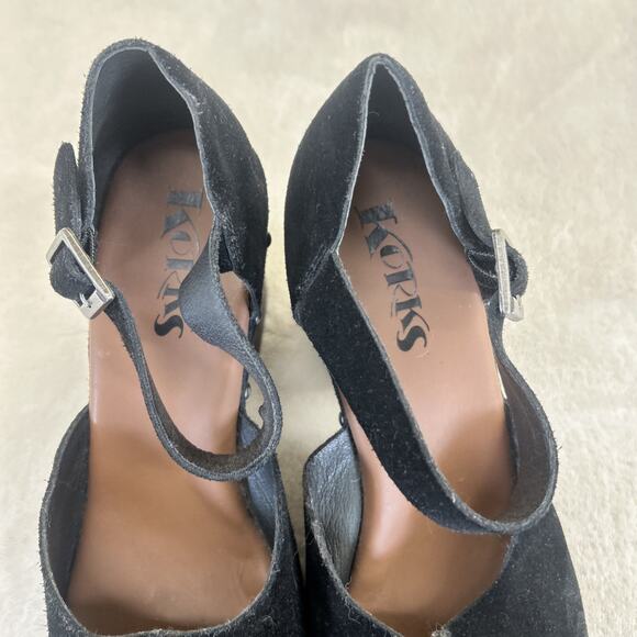 Korks Evah Clog Chunky Wood Block Heel Black Suede Leather Studded Strap Y2K 7.5 - Picture 10 of 13